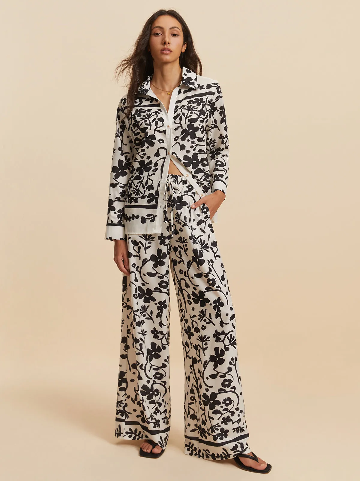 Print Drawstring Wide Leg Pants Set