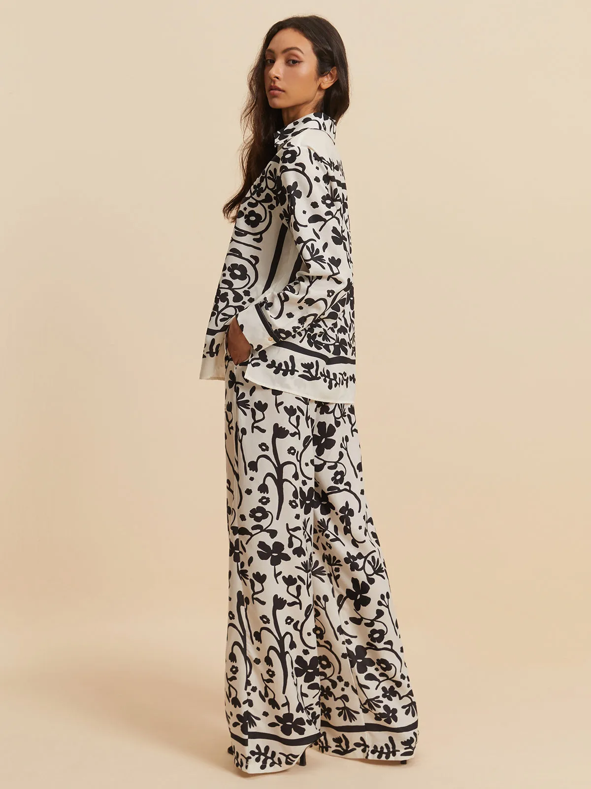 Print Drawstring Wide Leg Pants Set