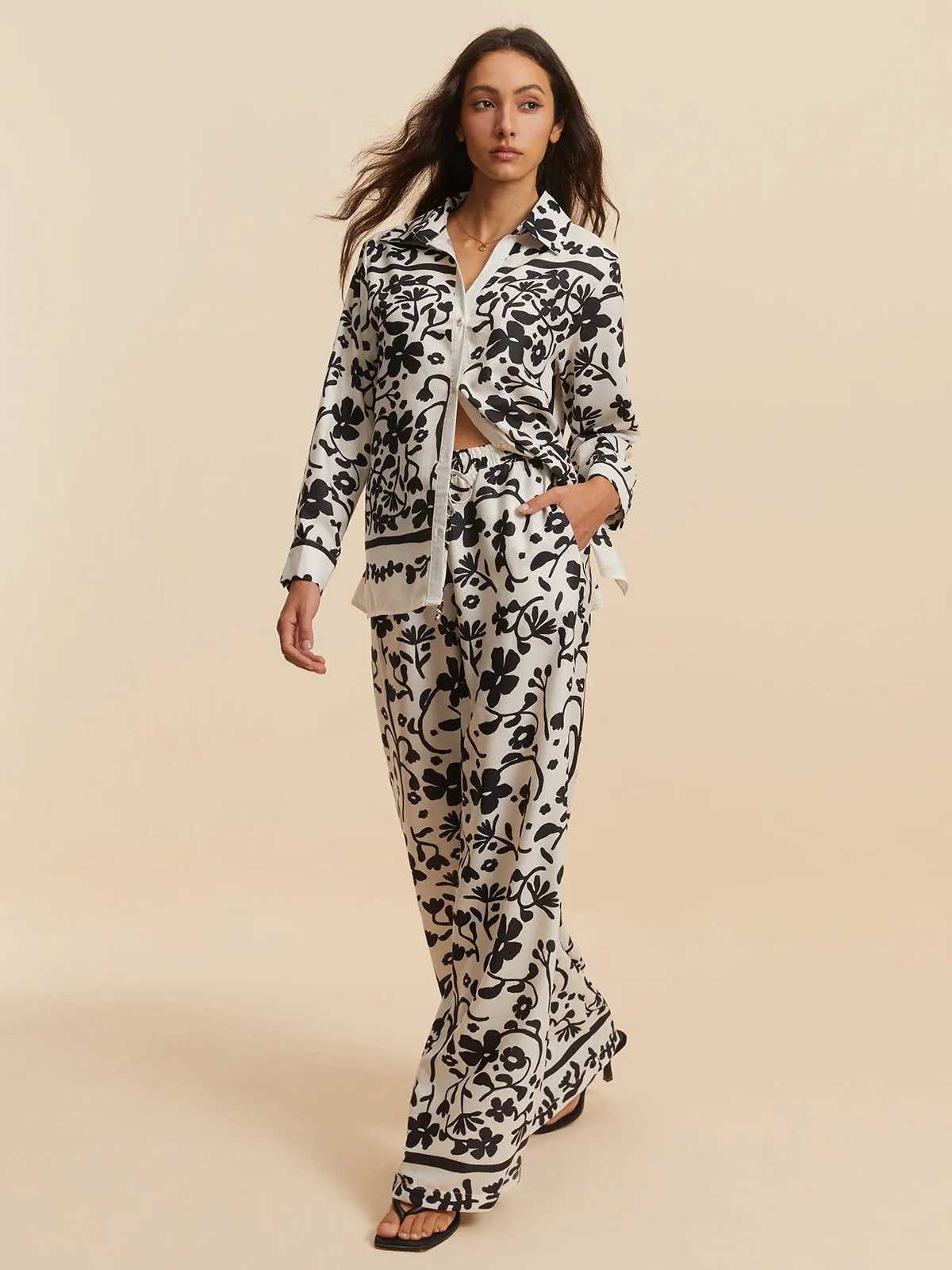 Print Drawstring Wide Leg Pants Set