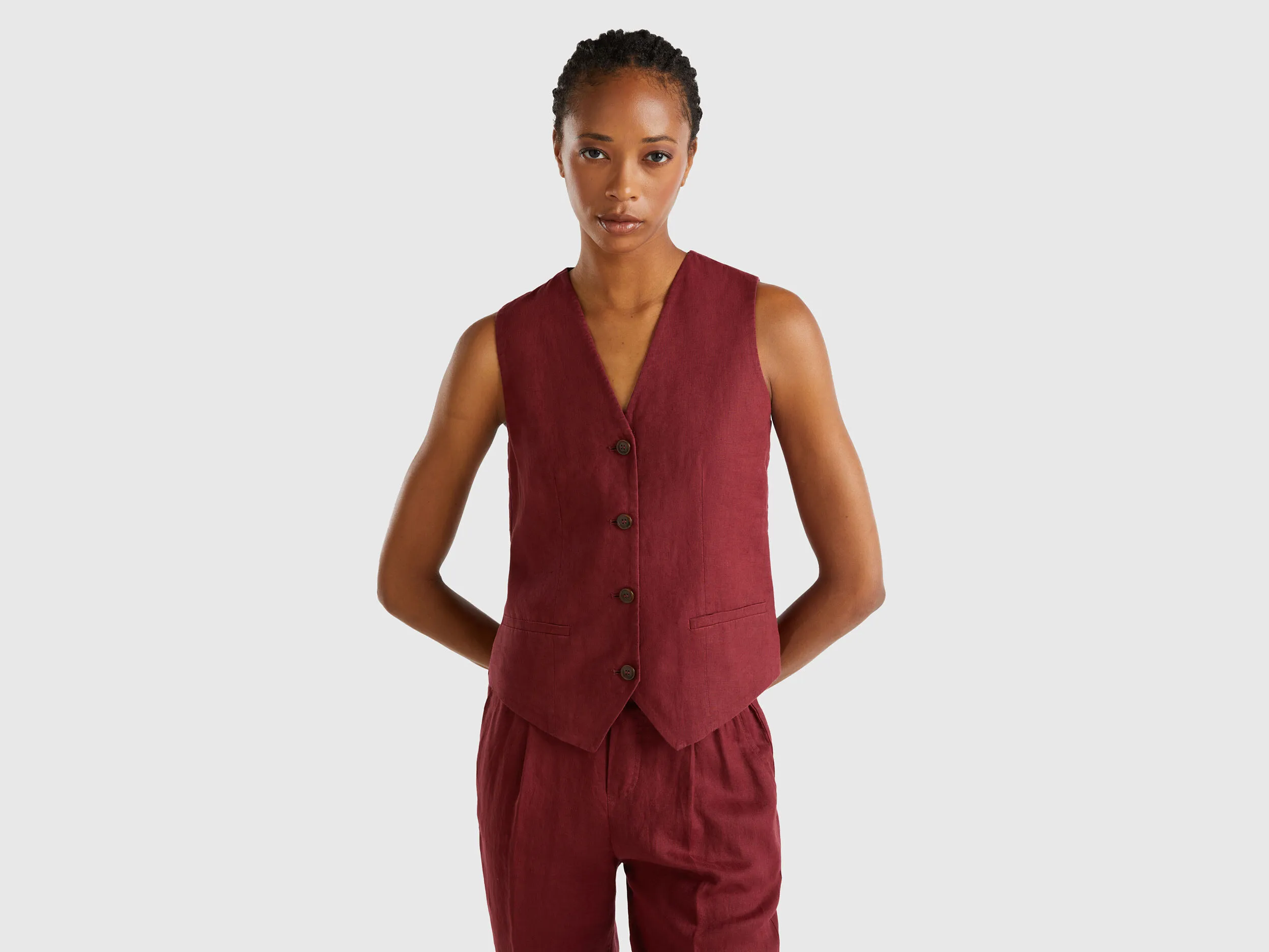 Pure linen vest - Burgundy | Benetton