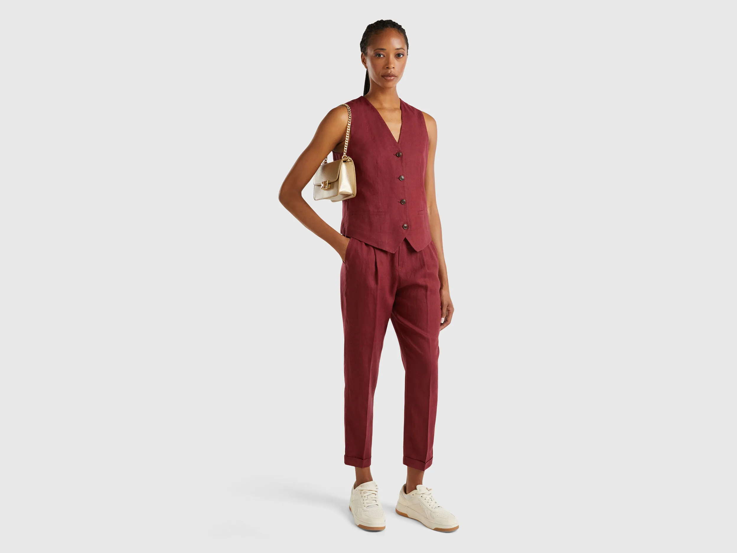 Pure linen vest - Burgundy | Benetton