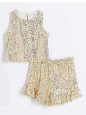 River Island Older Girl Sequin Vest And Shorts Set - Gold