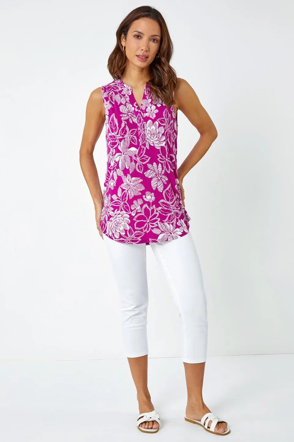 Roman Magenta Textured Floral Print Sleeveless Top