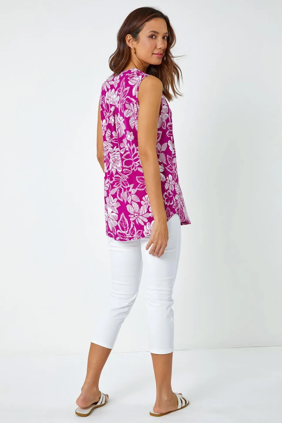 Roman Magenta Textured Floral Print Sleeveless Top