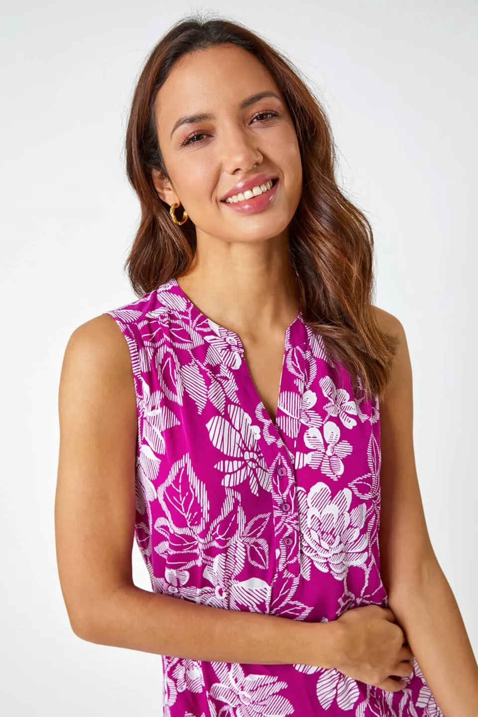 Roman Magenta Textured Floral Print Sleeveless Top