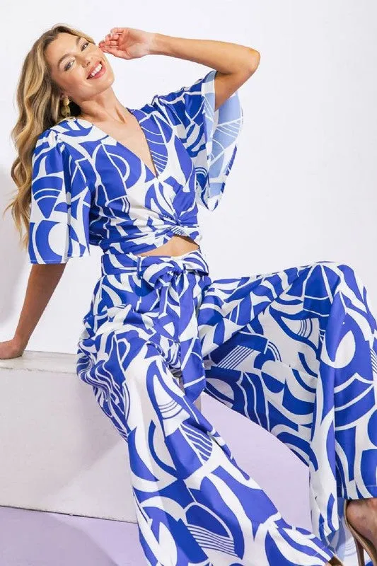 Samantha Printed Twist Top & Belted Wide Leg Pants