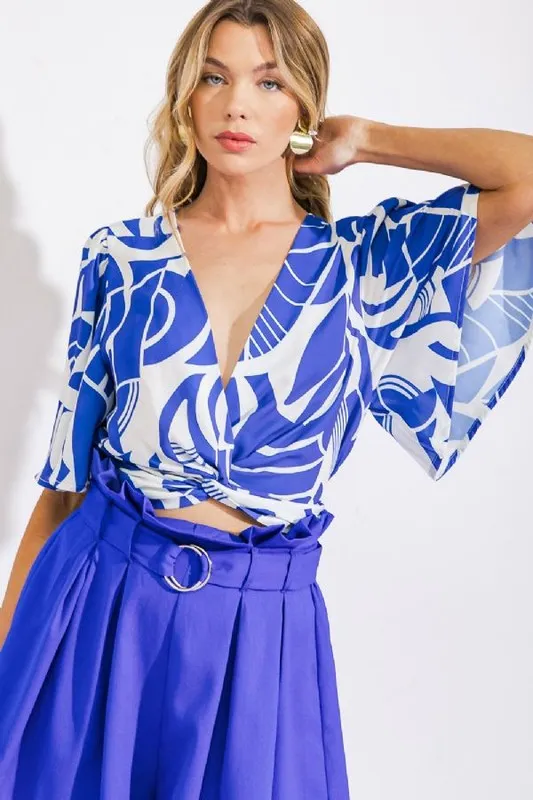 Samantha Printed Twist Top & Belted Wide Leg Pants