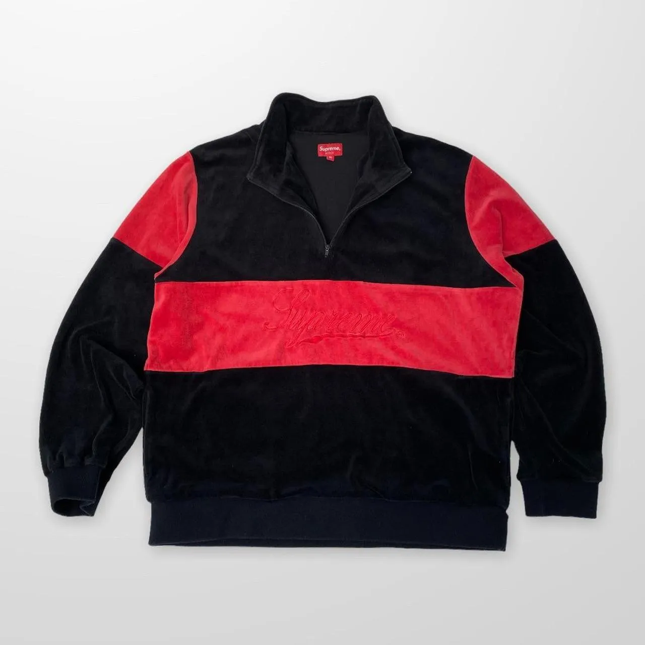 Supreme Velour Half Zip Pullover In Black & Red