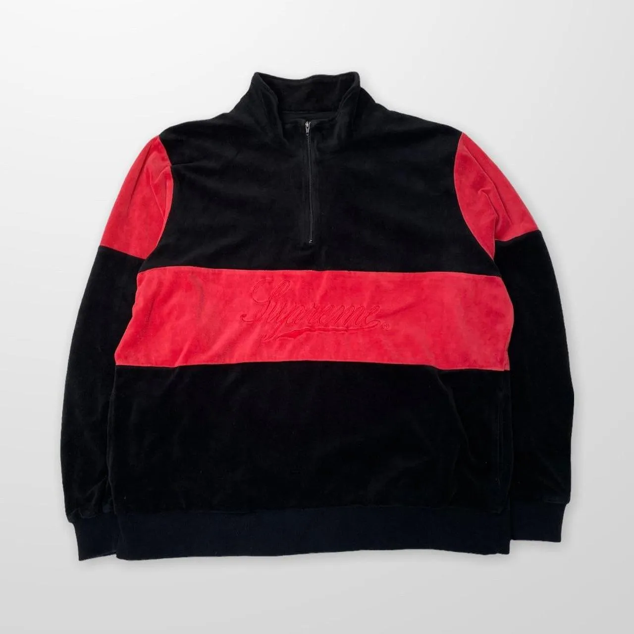 Supreme Velour Half Zip Pullover In Black & Red