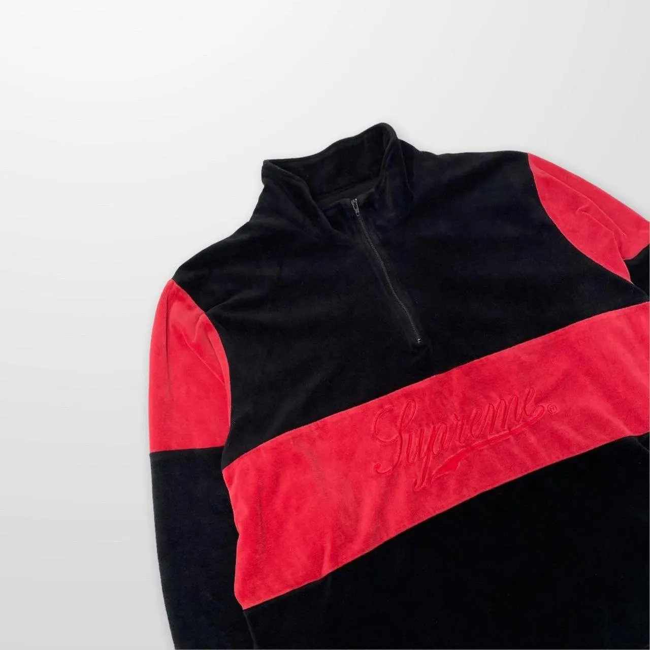 Supreme Velour Half Zip Pullover In Black & Red