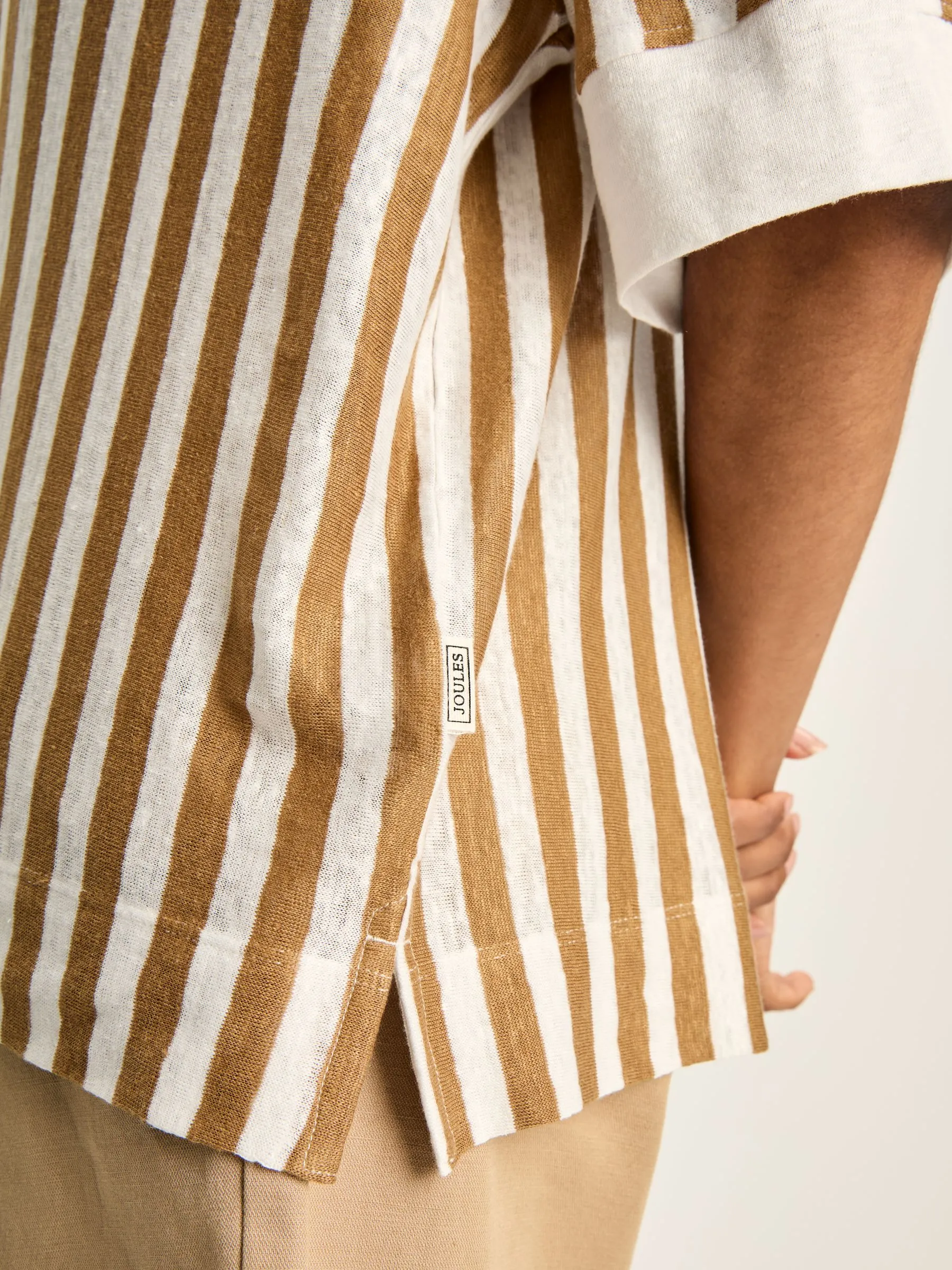 Tan White Linen Polo Shirt