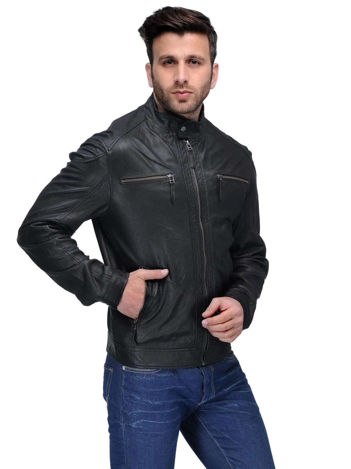 Teakwood Genuine Leather Black Jacket for Mens