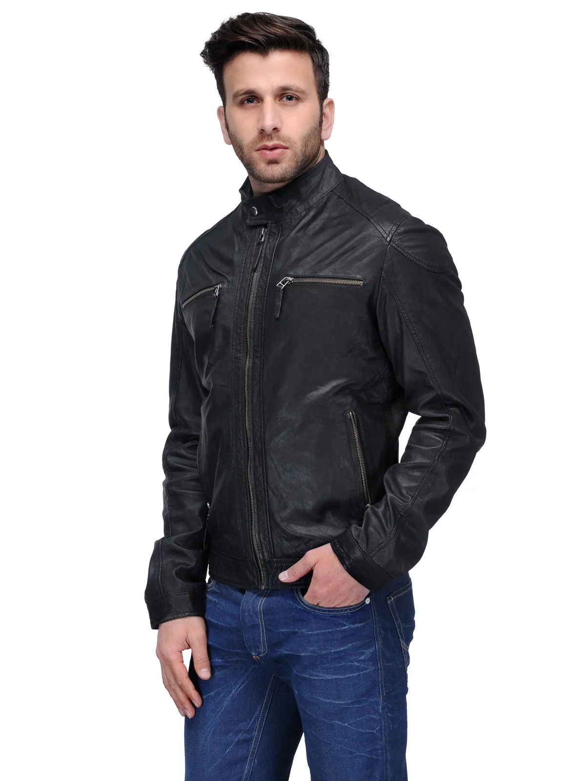 Teakwood Genuine Leather Black Jacket for Mens