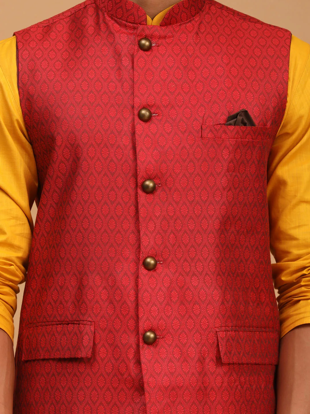 VASTRAMAY Men's Maroon Jacquard Nehru Jacket with Kurta Pyjama Set