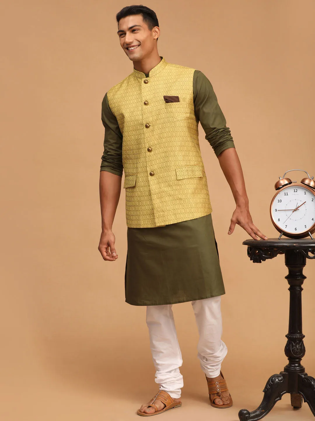 VASTRAMAY Men's Yellow Jacquard Nehru Jacket with Kurta Pyjama Set