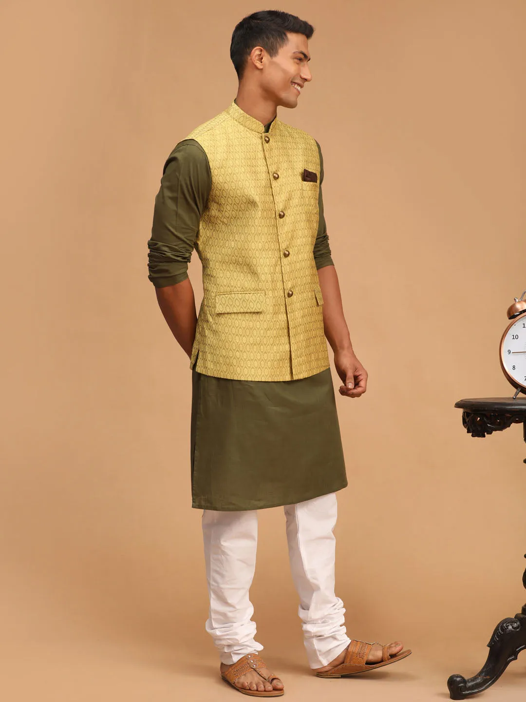 VASTRAMAY Men's Yellow Jacquard Nehru Jacket with Kurta Pyjama Set