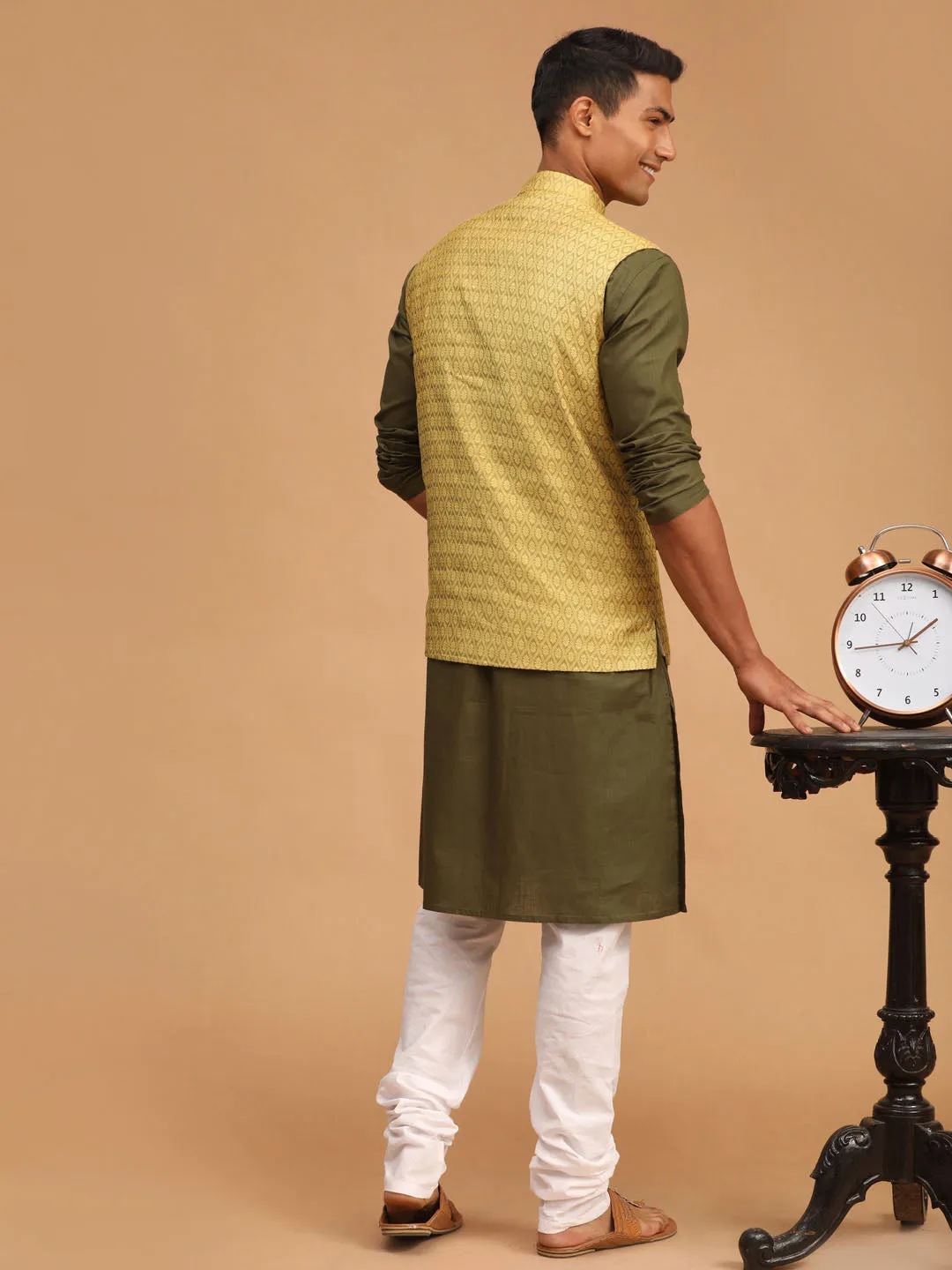 VASTRAMAY Men's Yellow Jacquard Nehru Jacket with Kurta Pyjama Set