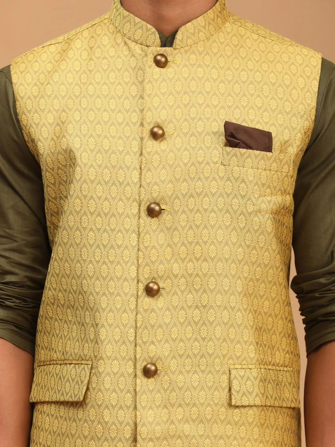 VASTRAMAY Men's Yellow Jacquard Nehru Jacket with Kurta Pyjama Set