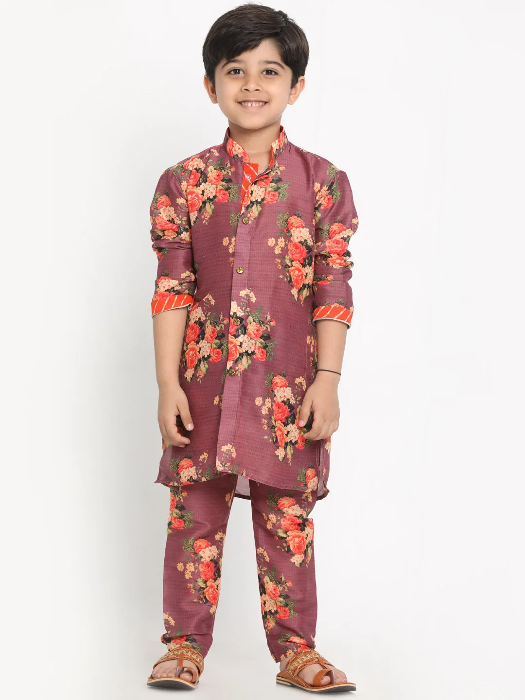 Vastramay Multicolored-Base-Purple Baap Beta Jacket Kurta Pyjama set