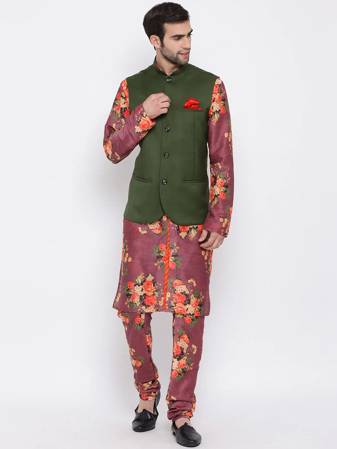 Vastramay Multicolored-Base-Purple Baap Beta Jacket Kurta Pyjama set