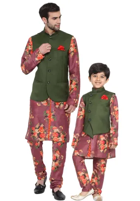 Vastramay Multicolored-Base-Purple Baap Beta Jacket Kurta Pyjama set