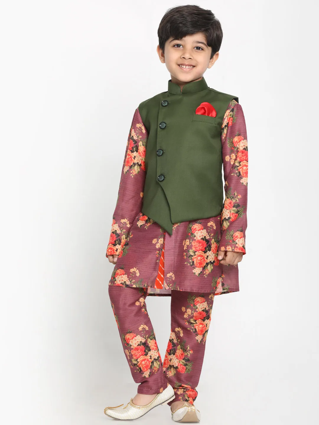 Vastramay Multicolored-Base-Purple Baap Beta Jacket Kurta Pyjama set