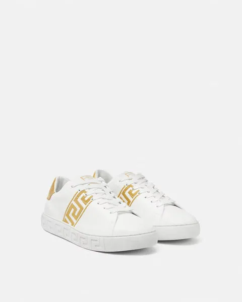 VERSACE EMBROIDERED GRECA SNEAKERS, White+Gold