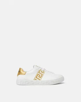 VERSACE EMBROIDERED GRECA SNEAKERS, White+Gold