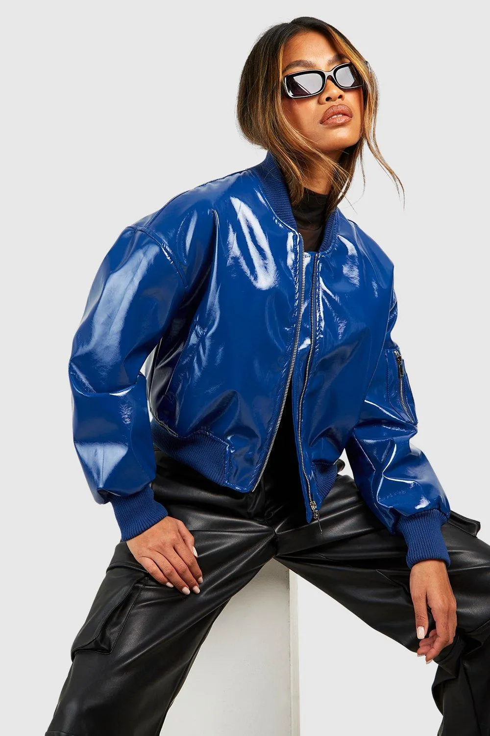 Vinyl Crop Faux Leather Bomber Jacket