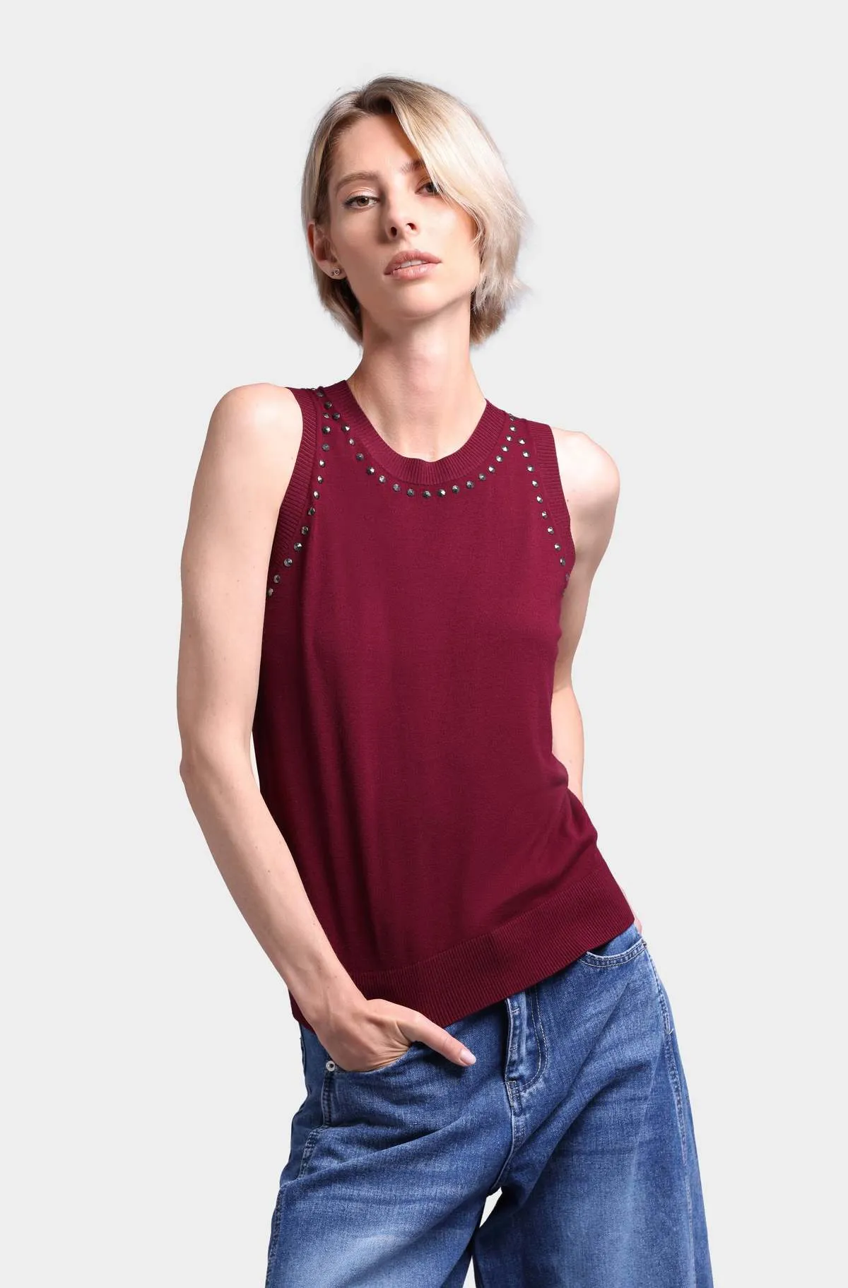 Viscose Blend Sleeveless Top with Studs