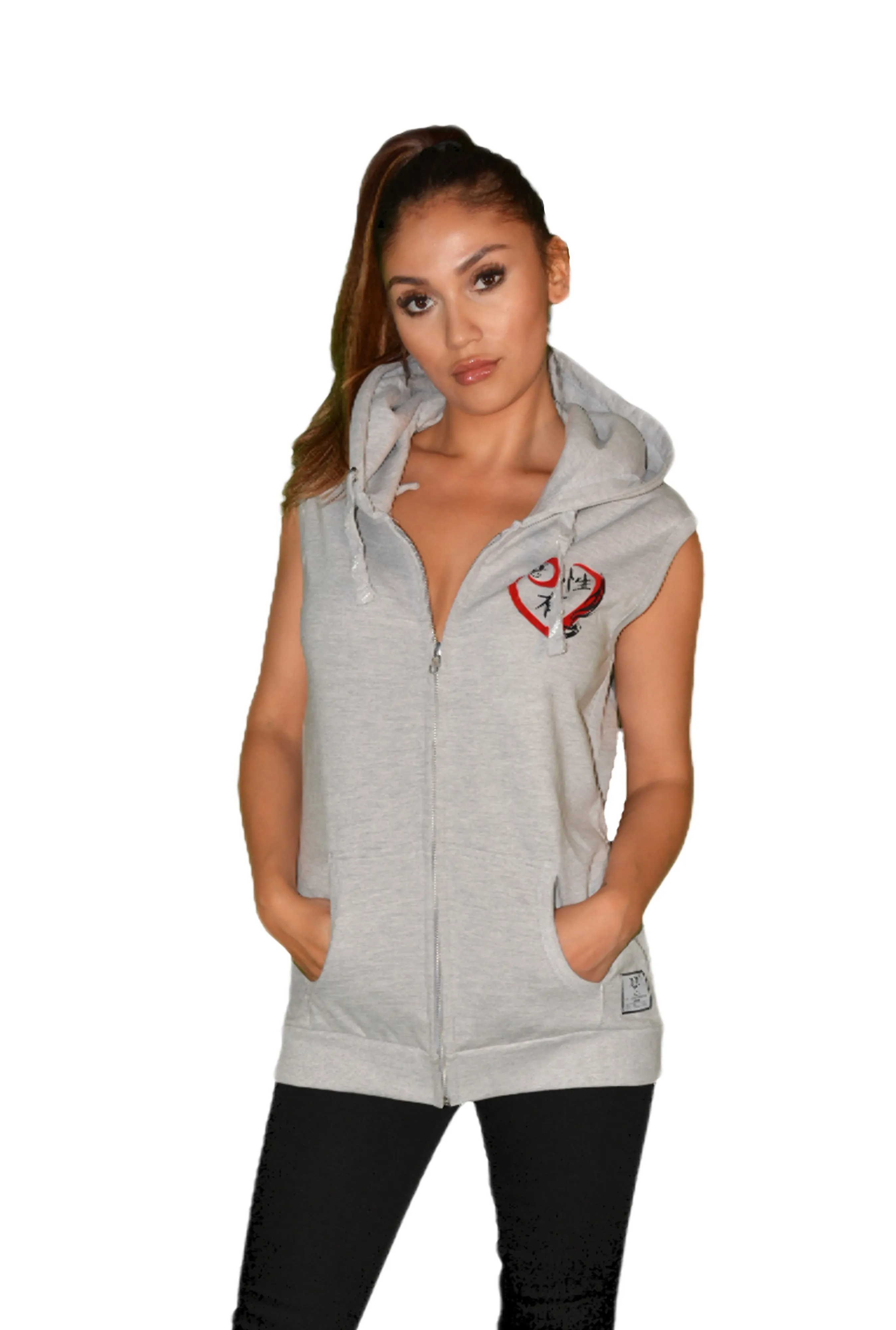 Womens Grey/Red/Black Heart Sleeveless Hooded Top