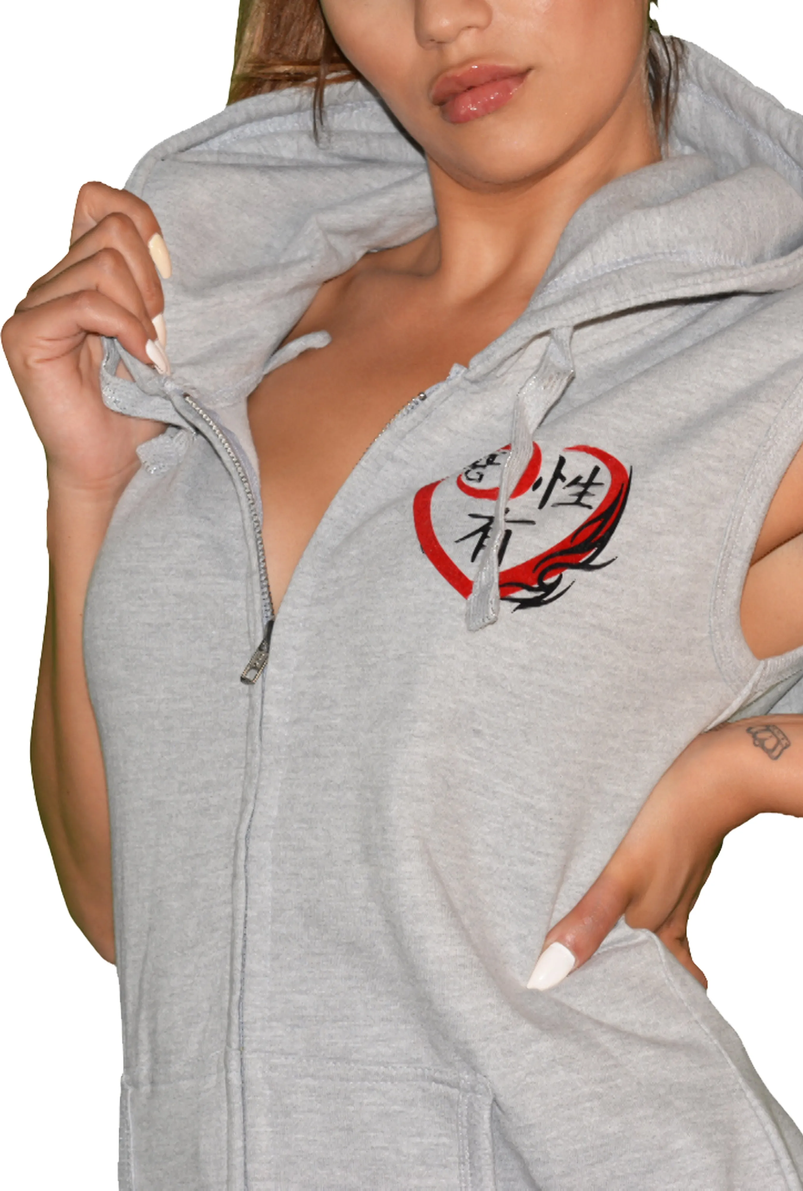 Womens Grey/Red/Black Heart Sleeveless Hooded Top